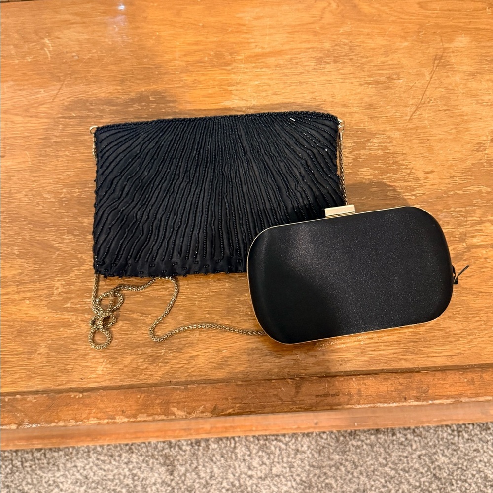 Evening Clutch Set Black Satin Hard Case + Beaded Bag Gold Chain Formal